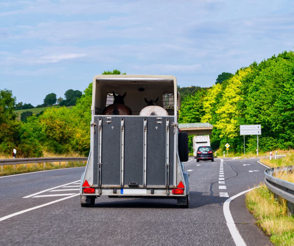 Horse trailer driving down the road safely